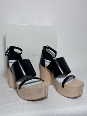 Maison Martin Margiela Black Patent Leather and Natural Wood Platform Sandals
